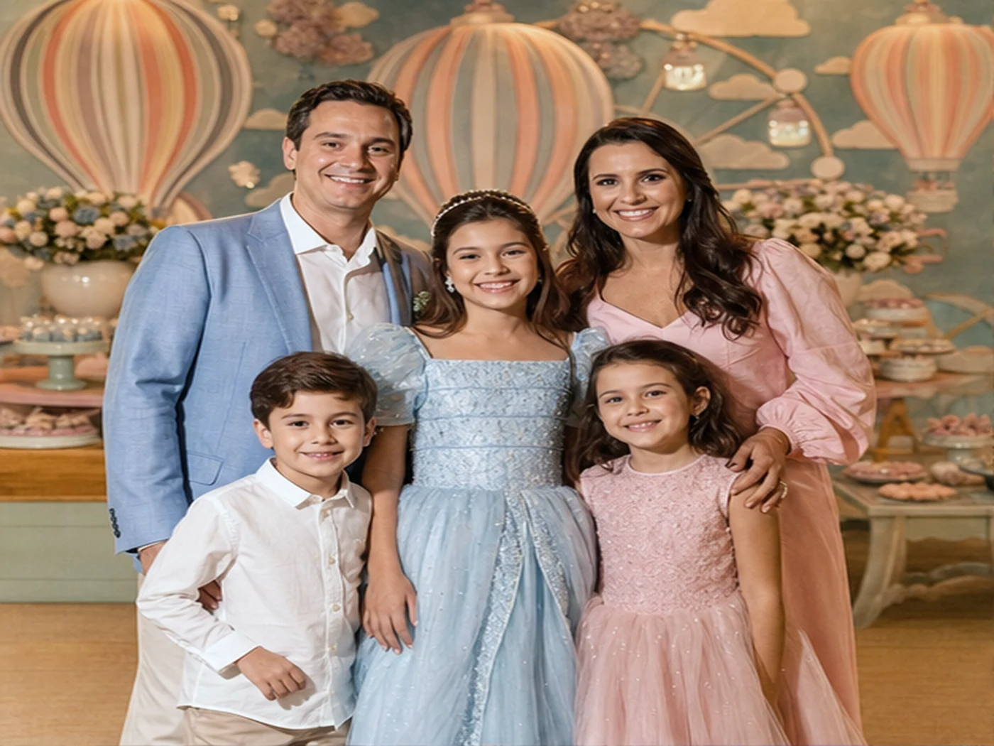 Família em um aniversário infantil de alto padrão