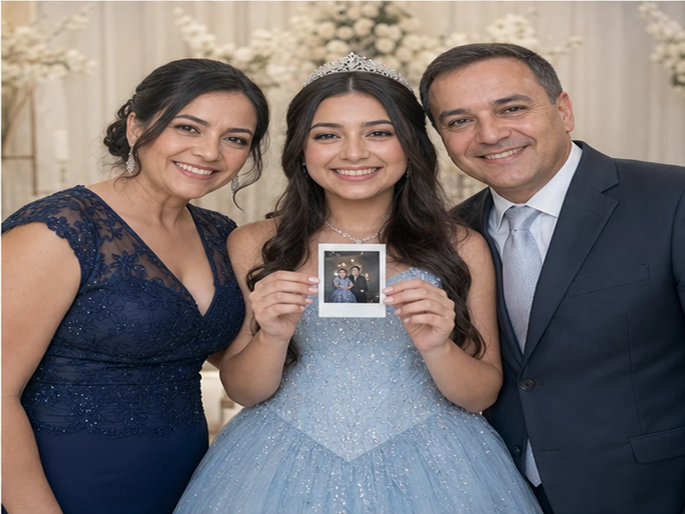 Debutante apresentando a frente da fotografia com a família