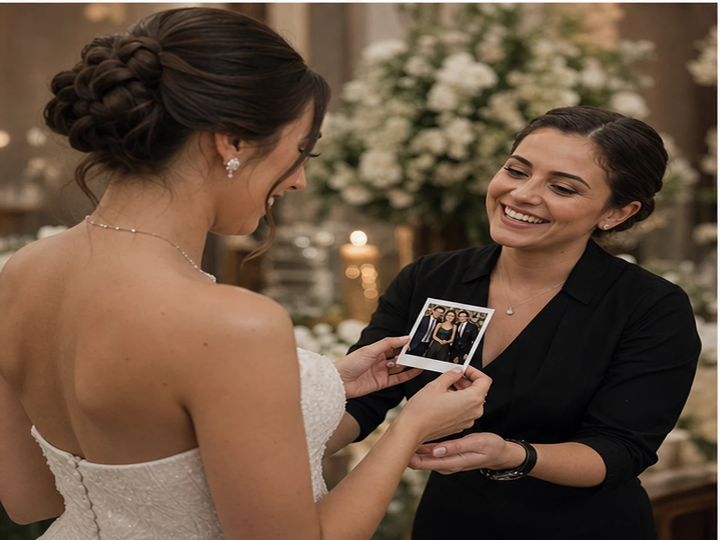 Noiva recebendo e observando a frente da fotografia impressa