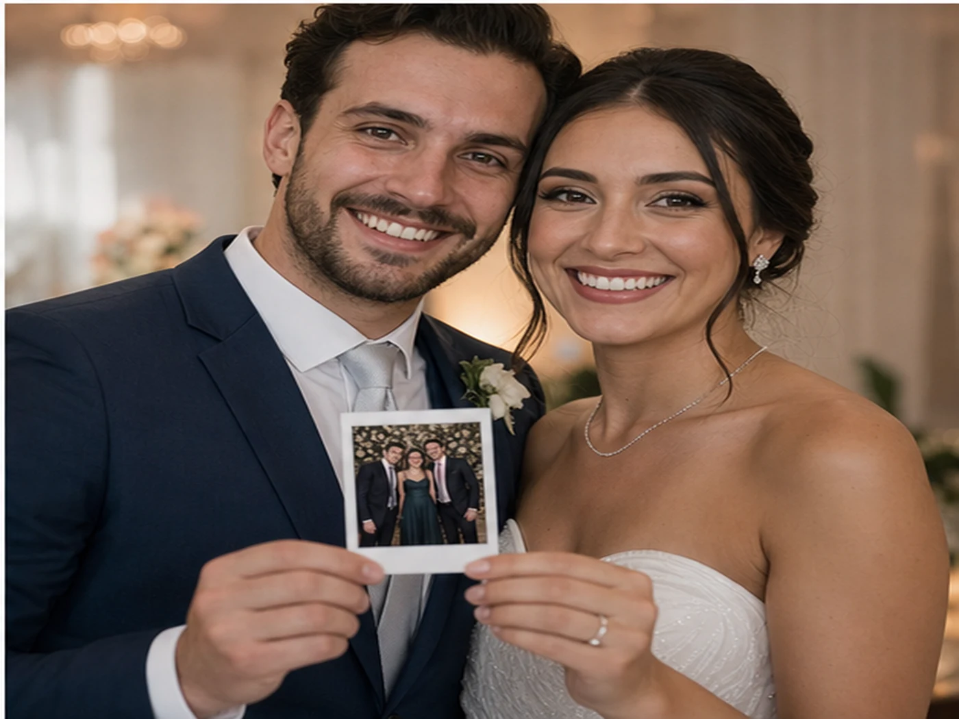 Noivos apresentando a frente da fotografia impressa