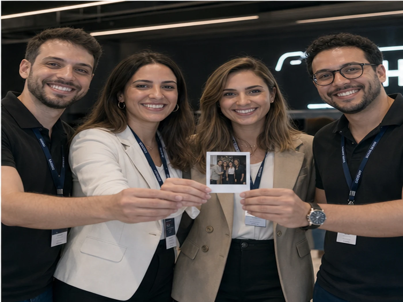 Equipe apresentando a frente da fotografia impressa