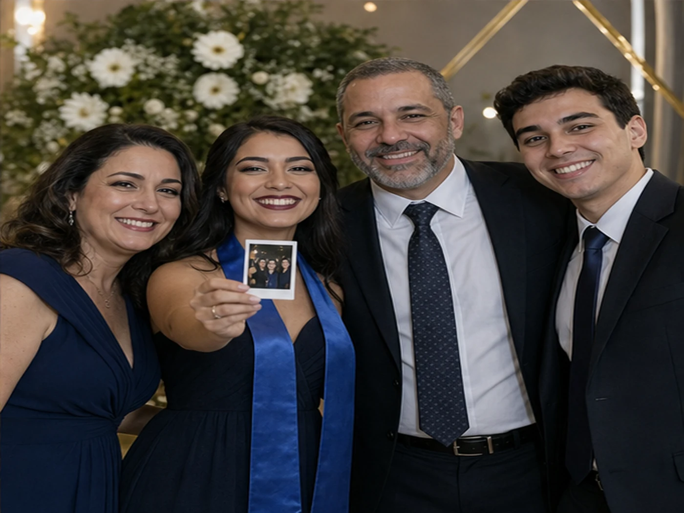 Formanda e família apresentando a frente da fotografia