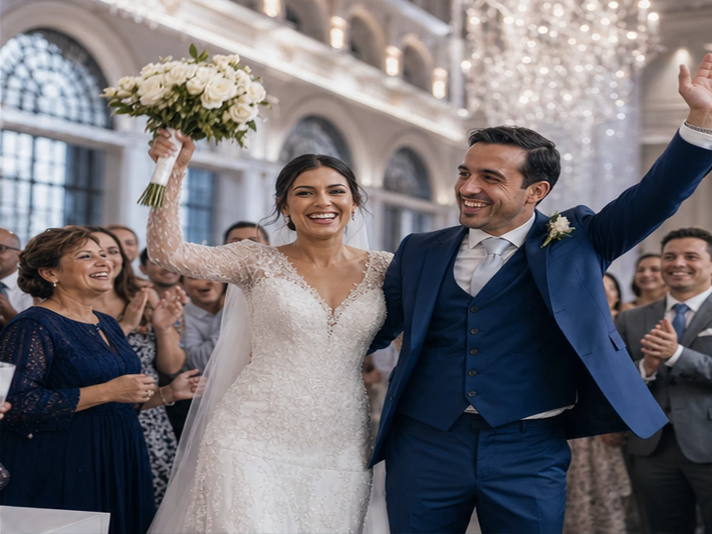 Noivos e convidados celebrando em um casamento de alto padrão
