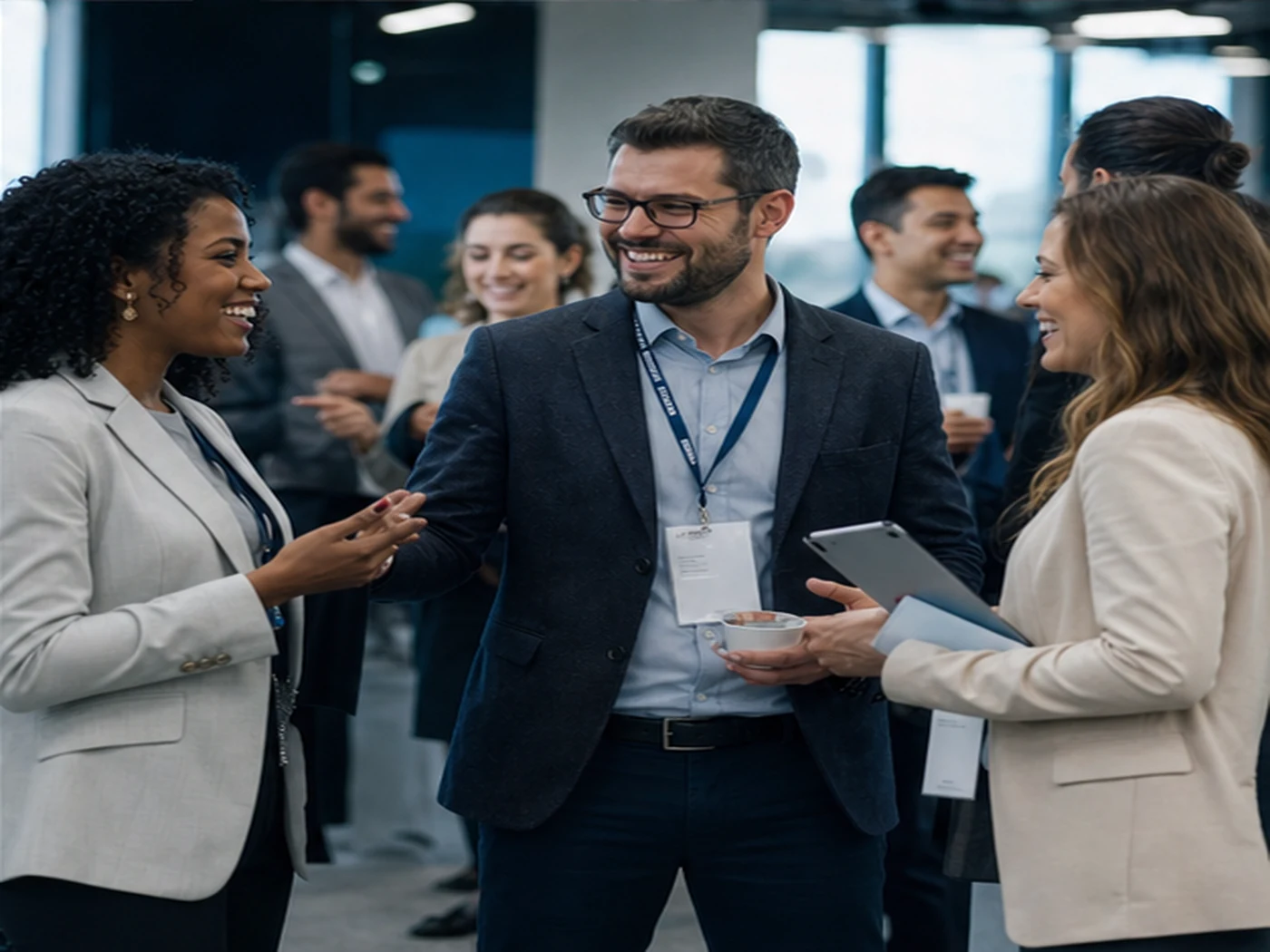 Profissionais em um encontro corporativo contemporâneo
